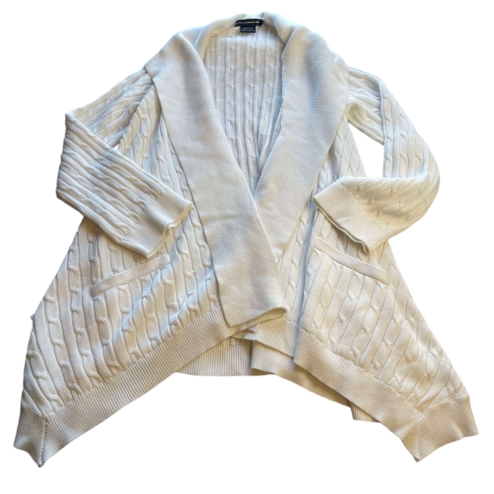 Ralph Lauren Sport long white cable Knit cardigan sweater size S